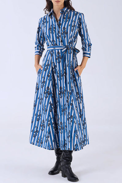 Blue And White Striped Black Printed Shirt Long Dress