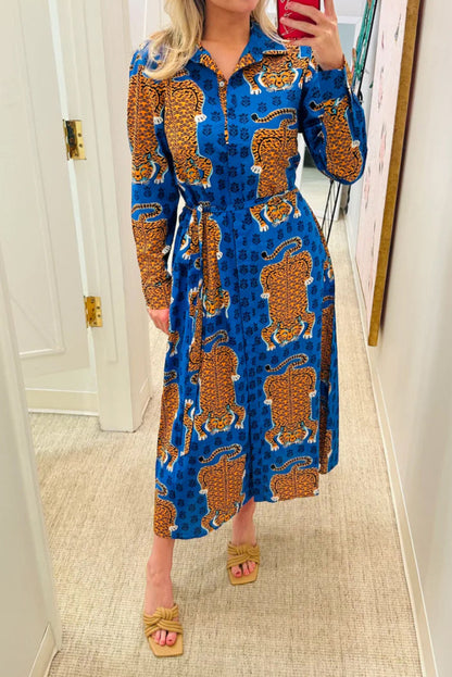 Siberian Stripes & Cobalt Blue Midi Dress