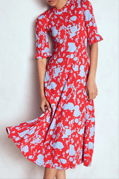Half Sleeve Gray Blue Print Dress
