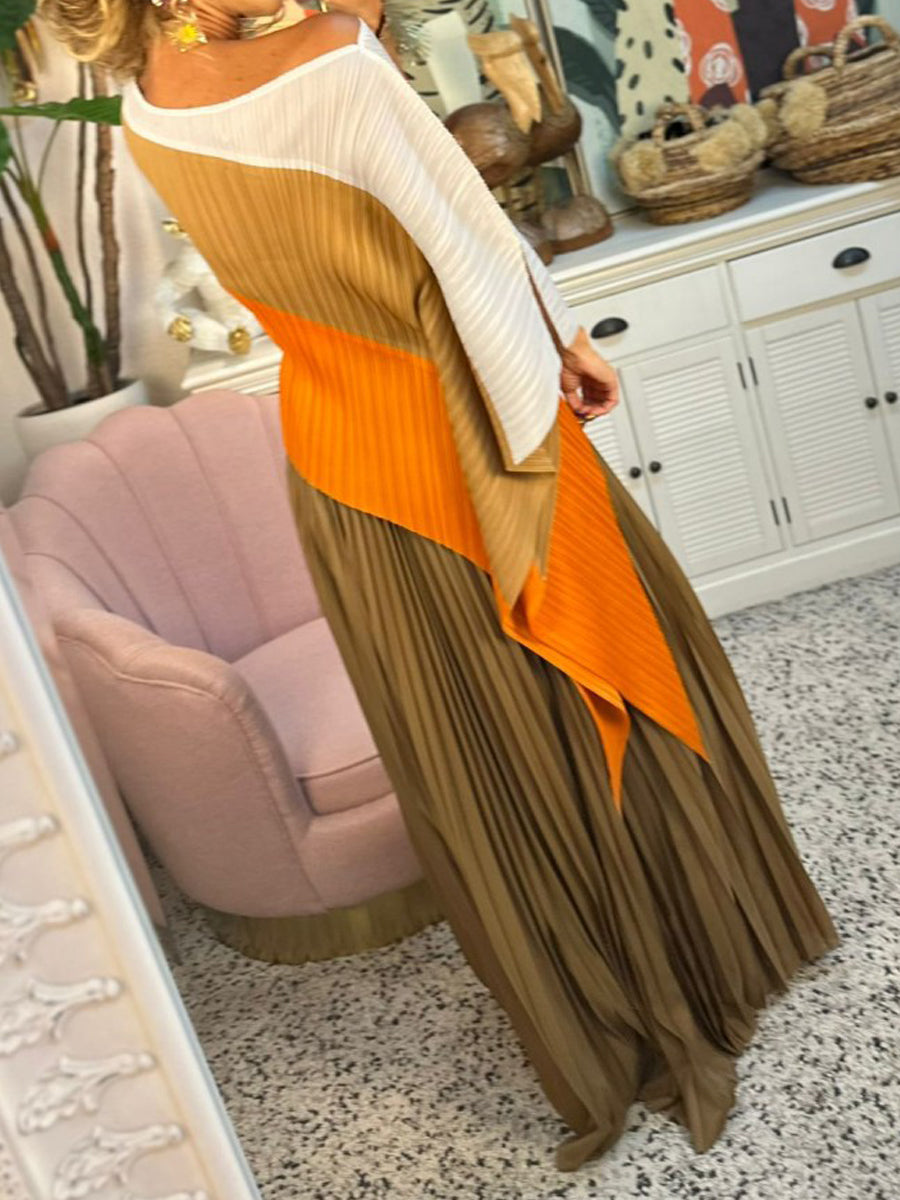 Irregular Color Block Pleated Two Pieces Set