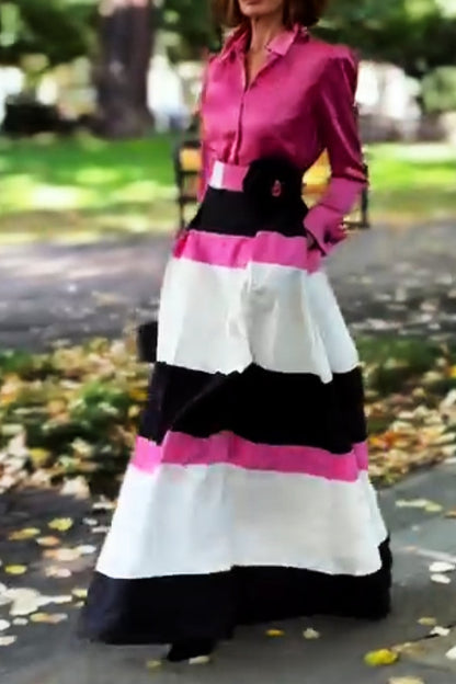 Fuchsia Shirt And Striped Skirt Suit