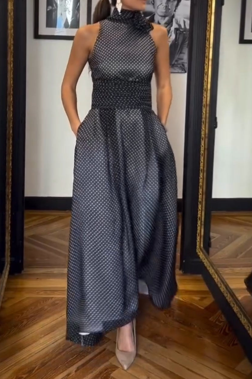Sleeveless Black-background White-dot Maxi Dress