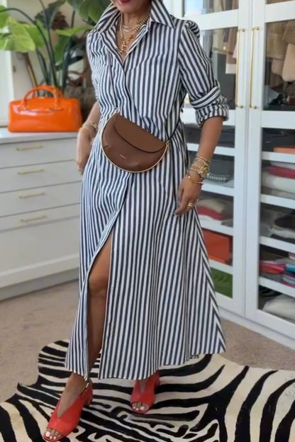 Navy Blue Striped Collar Shirt Dress