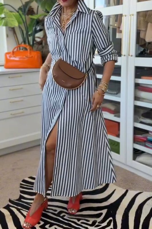 Navy Blue Striped Collar Shirt Dress
