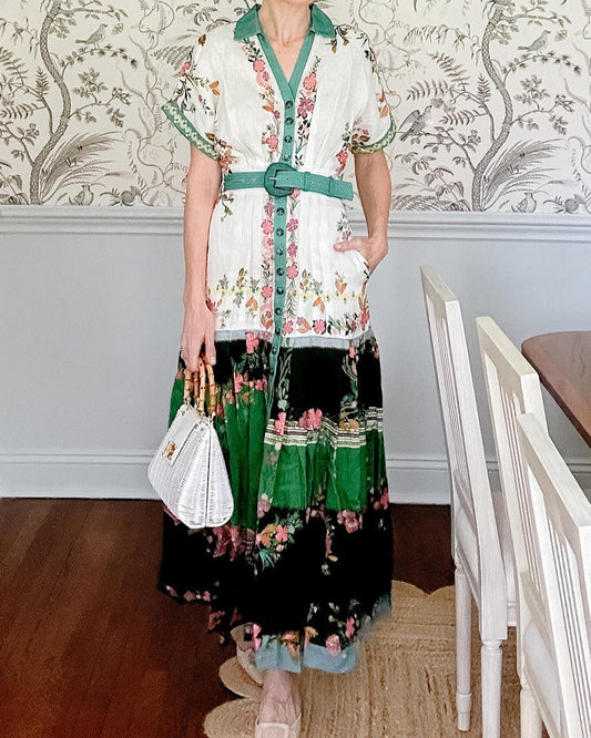 Floral Print Pintucked Waist Maxi Dress