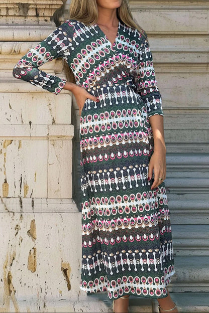 Printed Long Sleeve Long Wrap Dress