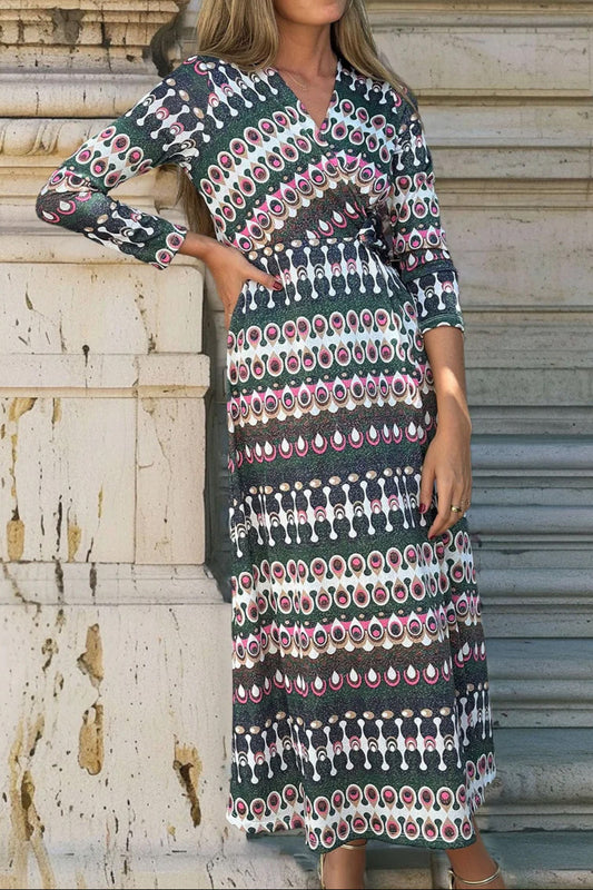 Printed Long Sleeve Long Wrap Dress