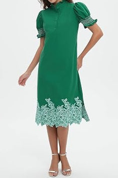 Bubble Sleeve Green Embroidered Dress