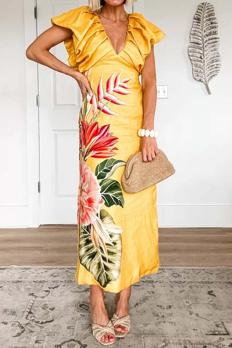 Printed V-neck Short Bubble Sleeve Dress