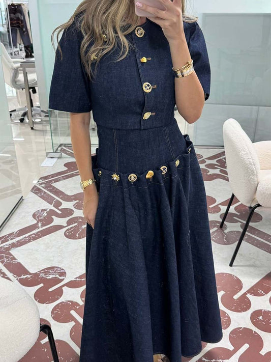 Elegant Metal Button Denim Two Pieces Dress
