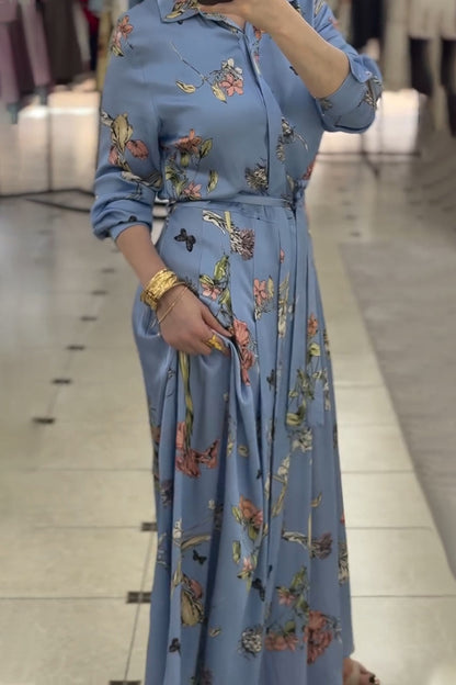 Blue Printed Long-Sleeve Shirtdress