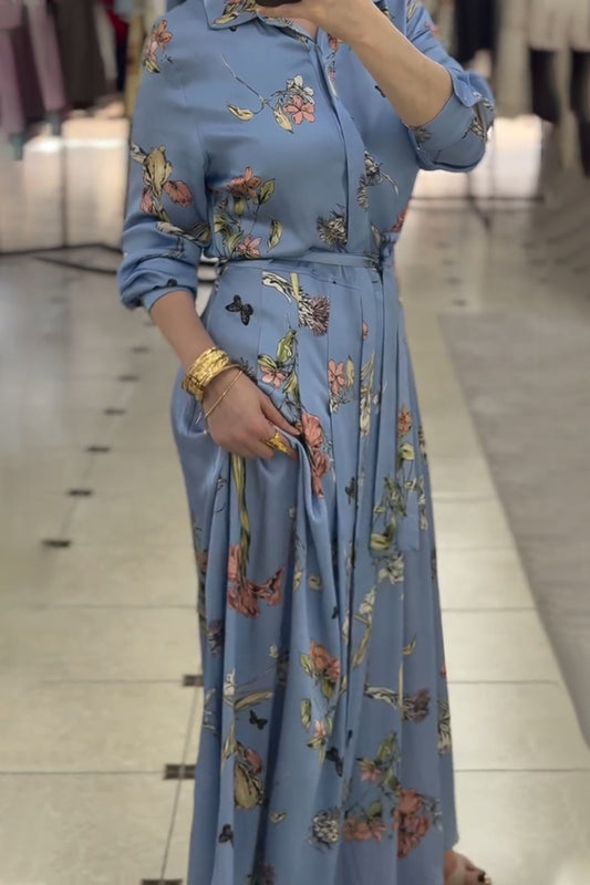 Blue Printed Long-Sleeve Shirtdress