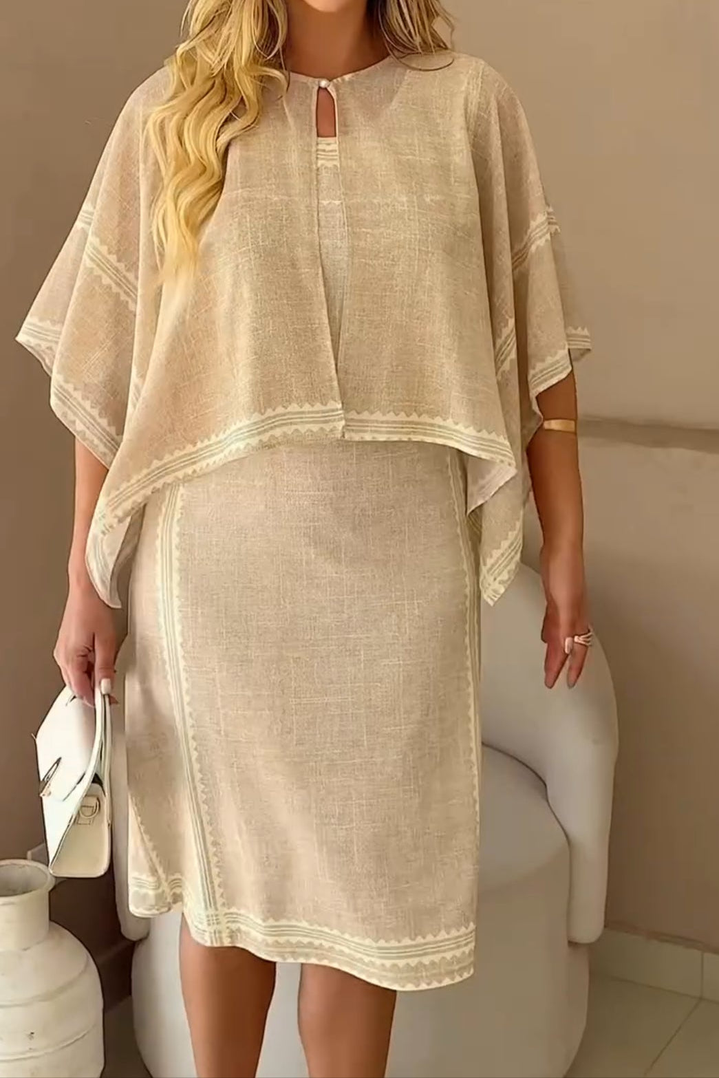 Beige Laminated Shawl Cardigan Dress Two-Piece Set