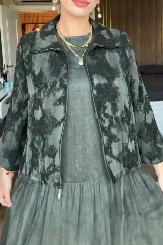 Dark Green Pattern Zipper Jacket