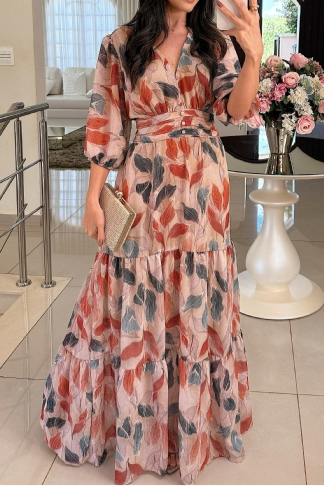 Mixed Color Leaf Print Dress