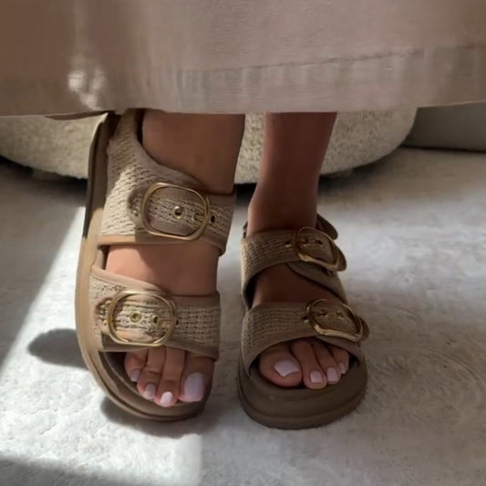Beige Woven Double-Buckle Sandals