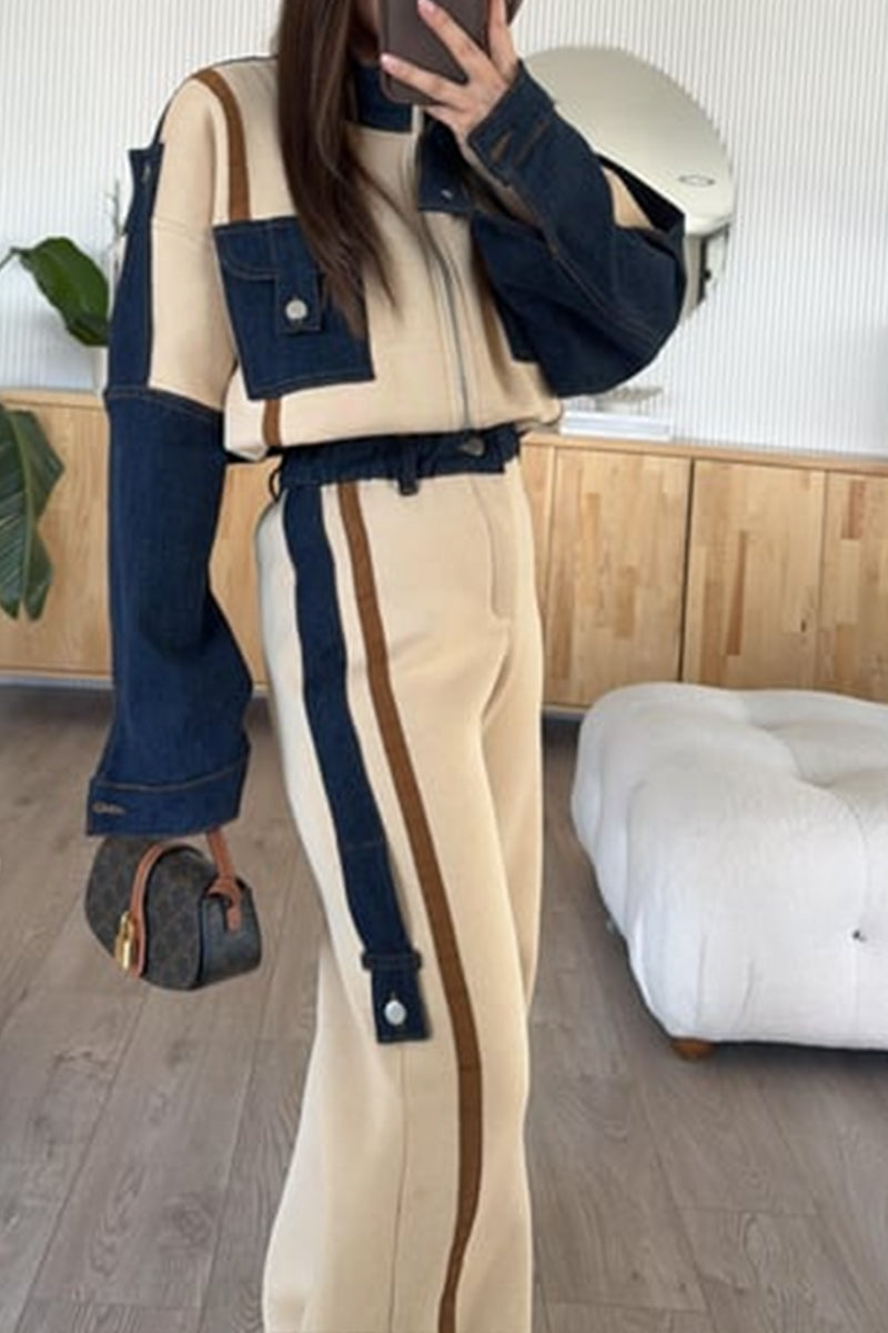Vintage Loose Stitching Long-sleeved Wide-leg Pants Suit