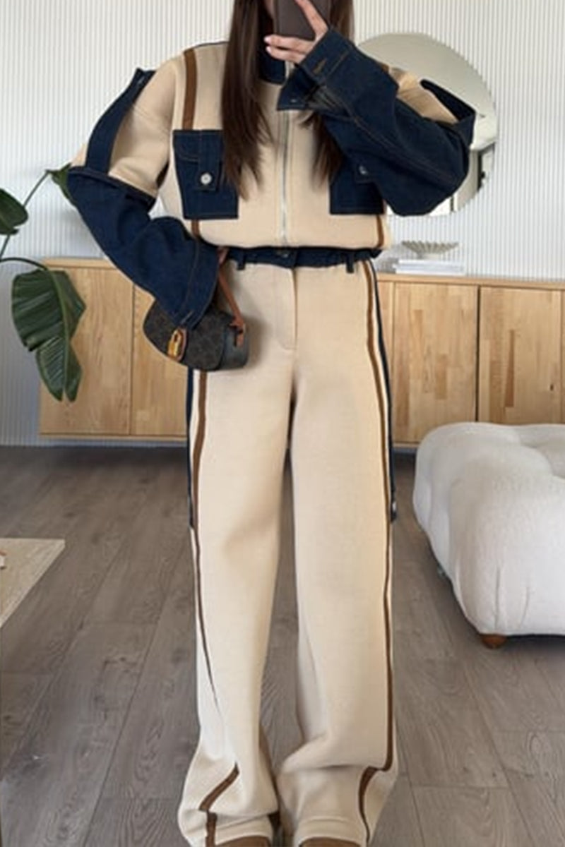 Vintage Loose Stitching Long-sleeved Wide-leg Pants Suit