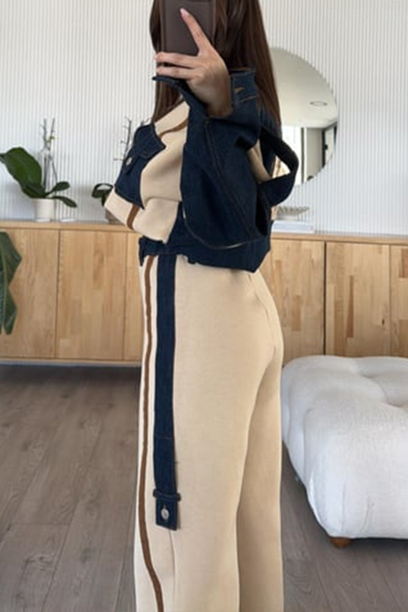 Vintage Loose Stitching Long-sleeved Wide-leg Pants Suit