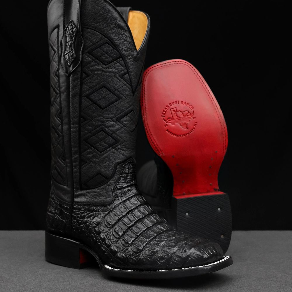 Black Caiman Back Leather Boots - Square Toe