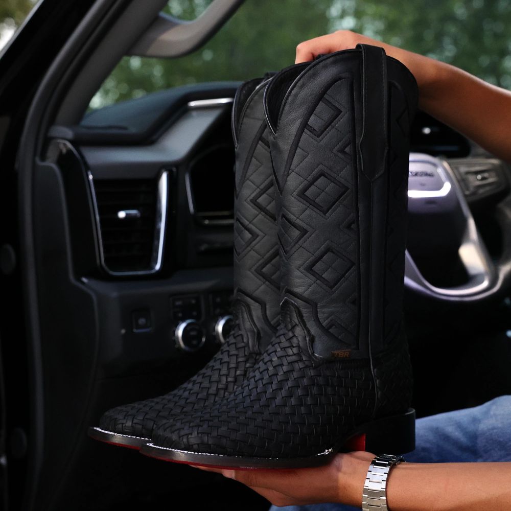 Black Basketweave Leather Boots- Square Toe