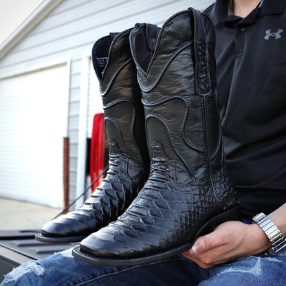 TOTAL BLACK Anaconda Leather Boots - Square Toe