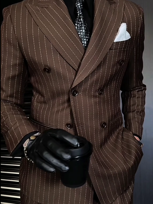 Men's pinstripe two-piece business suit jacket and pants