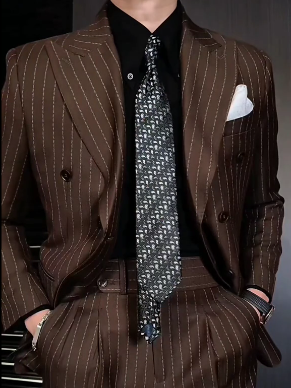 Men's pinstripe two-piece business suit jacket and pants