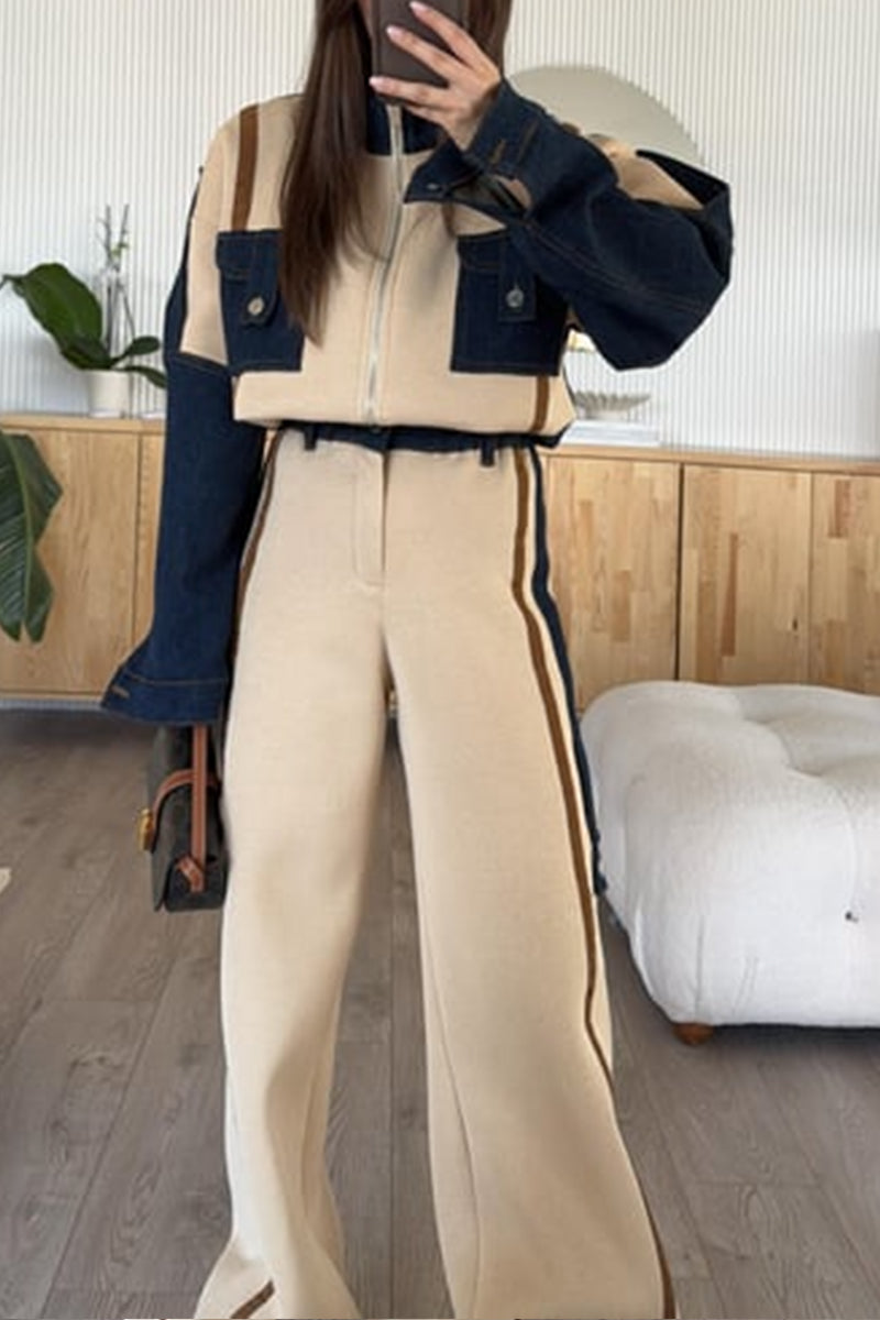 Vintage Loose Stitching Long-sleeved Wide-leg Pants Suit