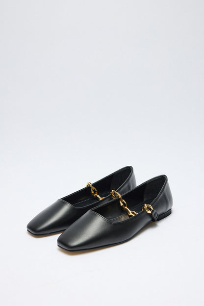 Women's Black Ballet Shoes With Shiny Chain Decoration