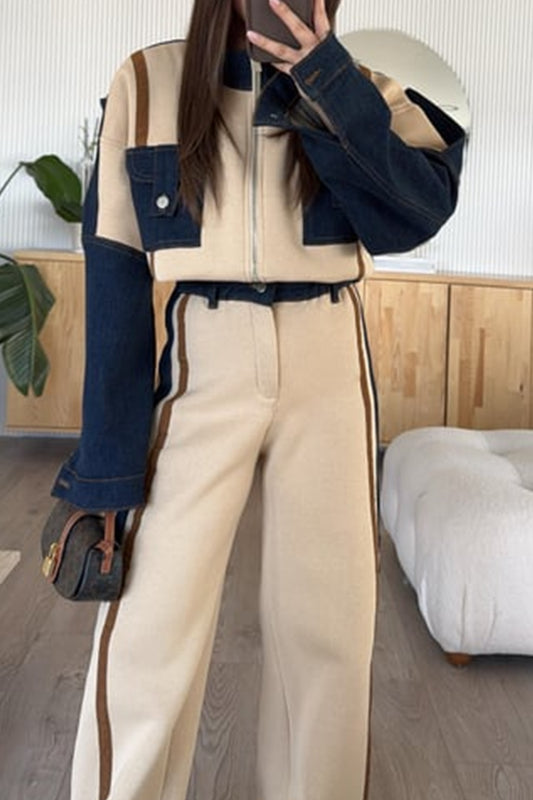 Vintage Loose Stitching Long-sleeved Wide-leg Pants Suit