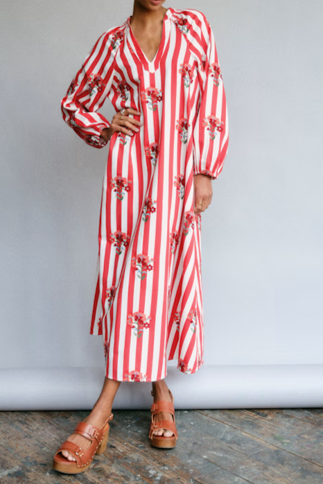Striped and embroidered long dress with long sleeves