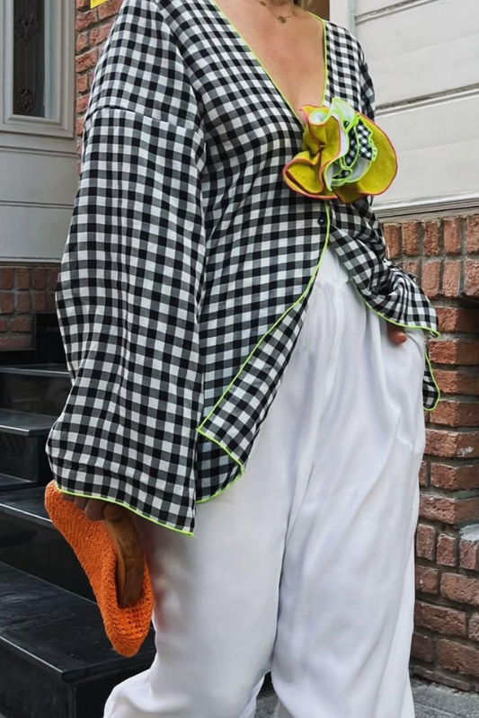 Black And White Plaid Floral Top