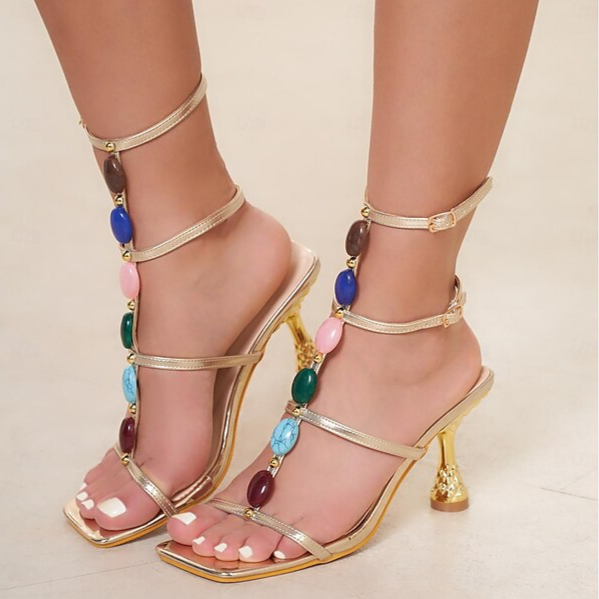 Gemstone Plated Square Heel Sandals