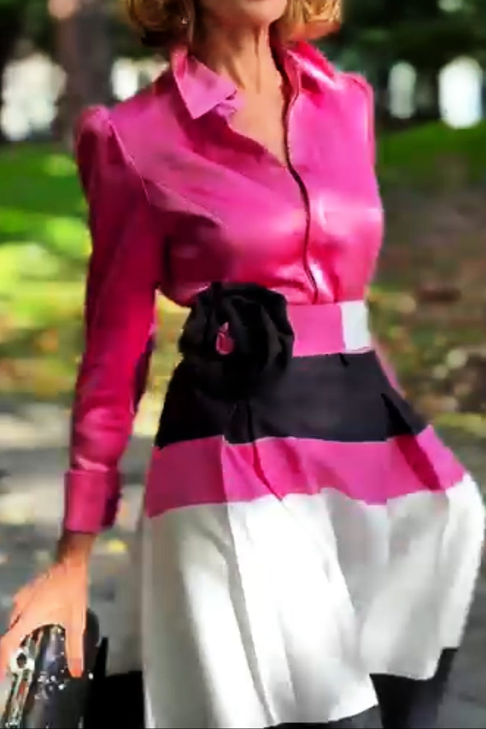 Fuchsia Shirt And Striped Skirt Suit