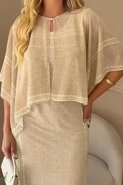 Beige Laminated Shawl Cardigan Dress Two-Piece Set