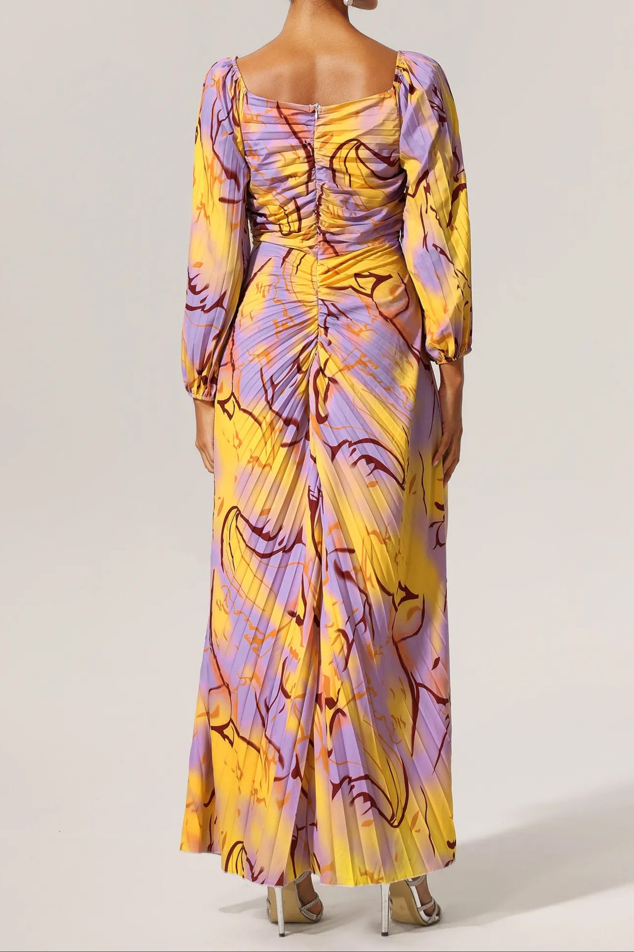 Diamond, Pleated Print, Long Sleeve Dress