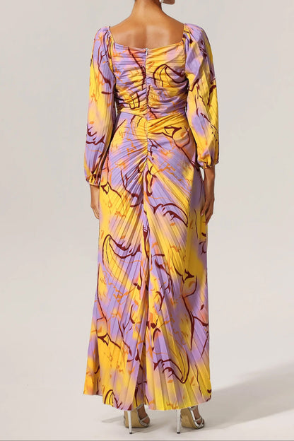 Diamond, Pleated Print, Long Sleeve Dress