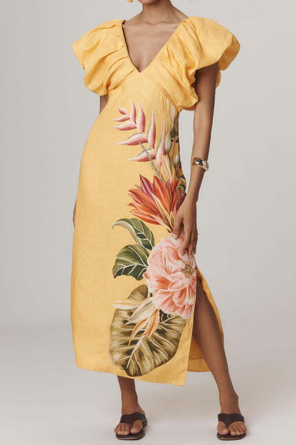 Printed V-neck Short Bubble Sleeve Dress