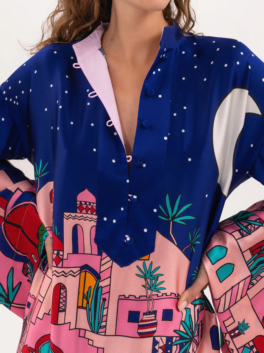Printed Long Sleeve Stain Dress