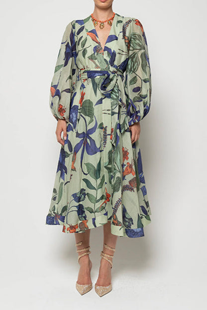 Green Blue Gradient Print Long Sleeve Dress