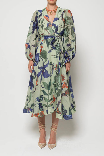 Green Blue Gradient Print Long Sleeve Dress