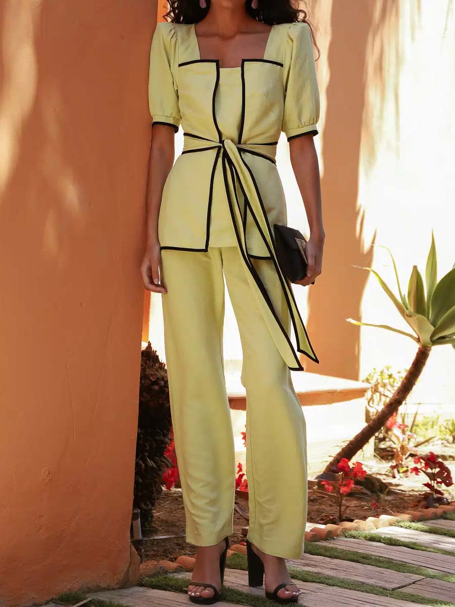 Square Collar Lace Up Two Pieces Set