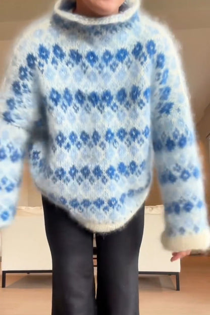 Blue And White Diamond Textured Sweater