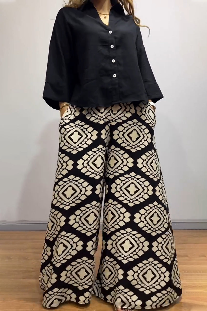 Black Shirt Wide Leg Pants Suit