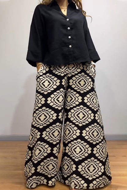 Black Shirt Wide Leg Pants Suit