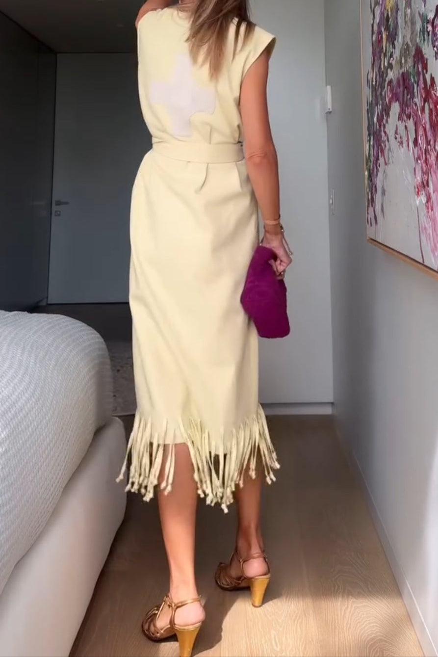Sleeveless Deep V Fringed Slip Skirt