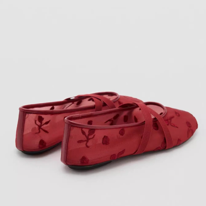 Mesh Embroidered Flower Round-toe Cross-strap Ballet Flats