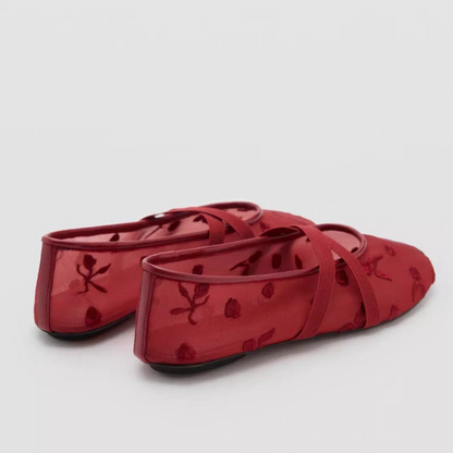 Mesh Embroidered Flower Round-toe Cross-strap Ballet Flats