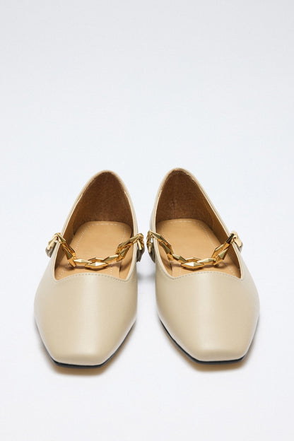 Women's Black Ballet Shoes With Shiny Chain Decoration